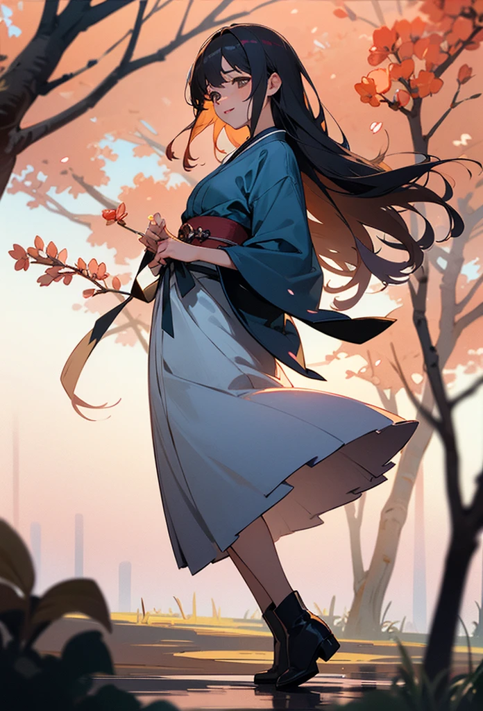 photo realistic, (masterpiece, best quality), 1girl,cute,baby face,Taisho-era female student wearing a kimono(cherry blossom pattern kimono) and long skirt(navy skirt) and brown boots,long straight hair,eyes with large brown irises, small mouth, fresh lips,dark blue hair, smiling,cherry blossom tree avenue,looking tree, intricate details, depth of field,beautiful lighting, volumetric lighting, (photographic portrait), sharp,