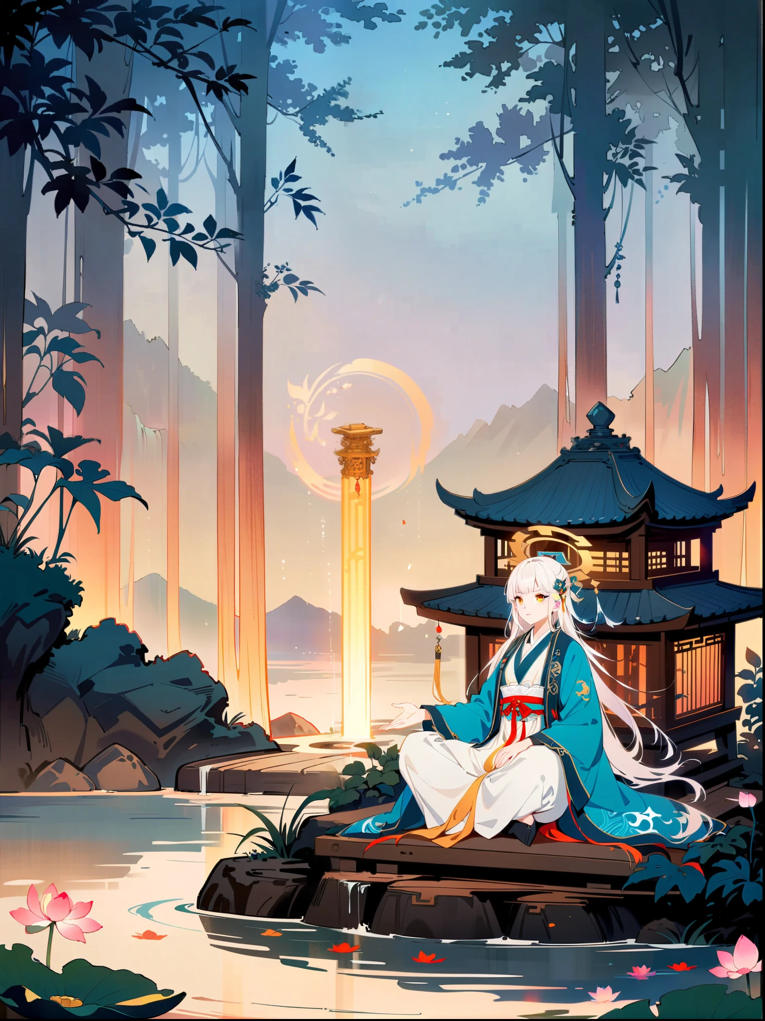 (close shot:1.8)，Ancient forest，White-haired Taoist，漂浮lotus石，Meditate cross-legged，Cyan robe，Gold moire，Ancient characters，Rotating halo，Golden Light Pillar from the Sky，Divine breath，forest creatures，quiet，Sandalwood scent，Mountain stream sound，In a mysterious scene，Yin and Yang symbols，I Ching Hexagrams，Swirling Mist，lotus，peaceful atmosphere，Peaceful nature scene，（best quality，8k，high resolution，masterpiece），Super detailed，concept art，intricate details，Ambient lighting，Cinema Effect，bright colors