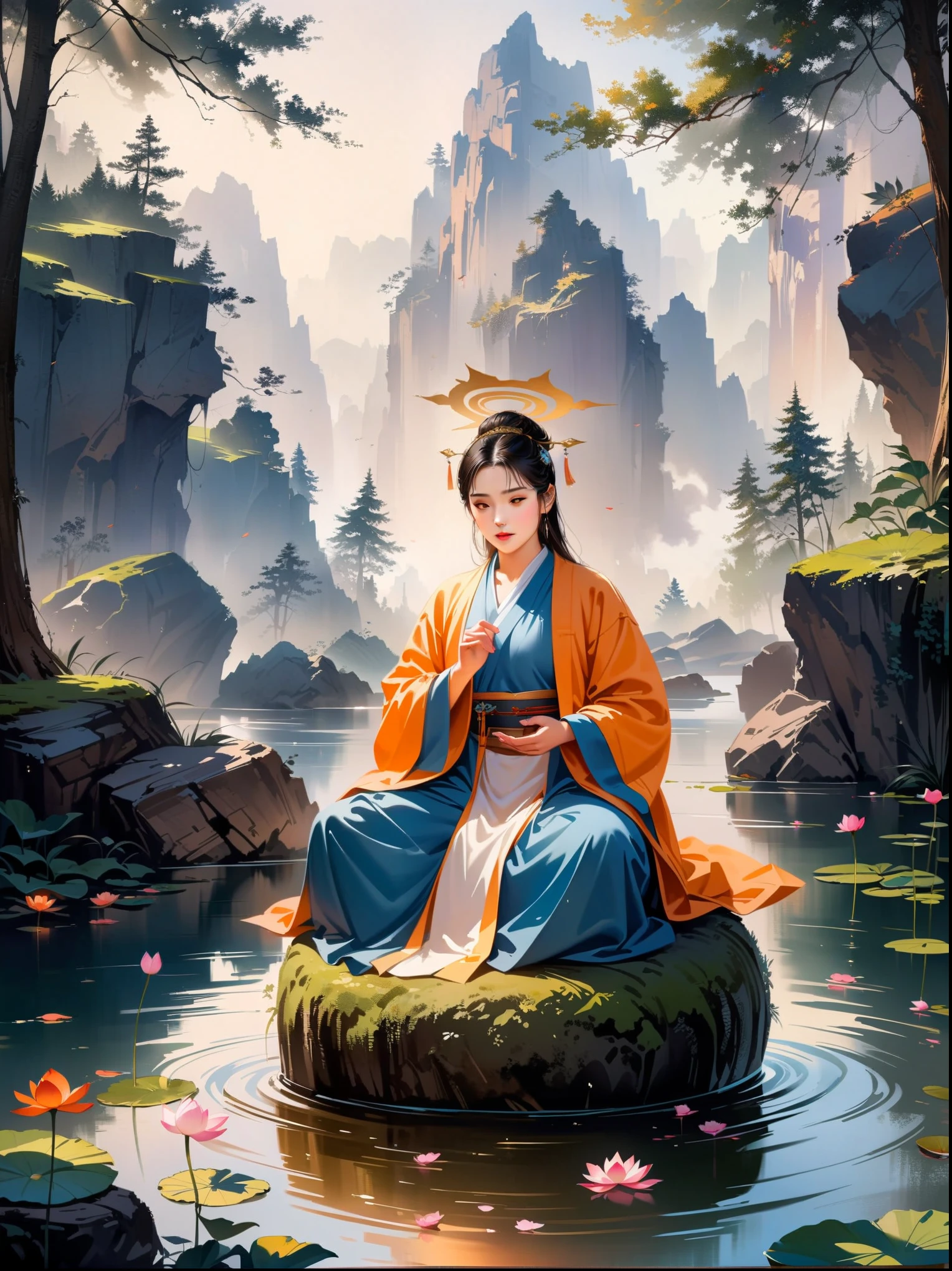 A wise, elderly Taoist monk sitting in lotus position, levitating above a moss-covered stone surrounded by a floating lotus flower, in an ancient forest with dense foliage, golden cloud patterns on his azure robe, ancient calligraphic symbols swirling around him, a halo of golden light descending from the sky, an aura of sacred serenity, forest creatures observing peacefully, the scent of sandalwood, the sound of a mountain stream, a mysterious cultivation scene.(best quality,4k,8k,highres,masterpiece:1.2),ultra-detailed,(realistic,photorealistic,photo-realistic:1.37),intricate details,award winning,cinematic lighting,dramatic shadows,richly detailed,volumetric lighting,highly detailed face,elegant composition,atmospheric,fantastical landscape,studio ghibli style