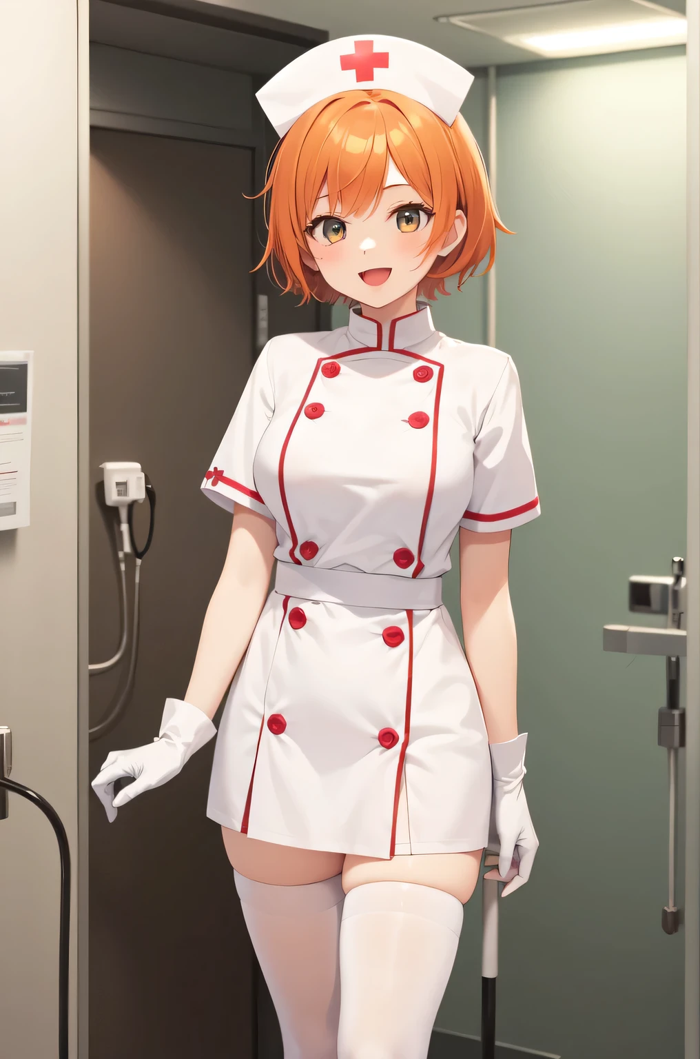 1girl, solo, nurse, nurse cap, white nurse uniform, ((white legwear, zettai ryouiki)), white gloves, very short hair, orange hair, smile, open mouth, standing, ((hospital room)), sharp outline, short sleeves, tomboy, boyish, best quality, masterpiece