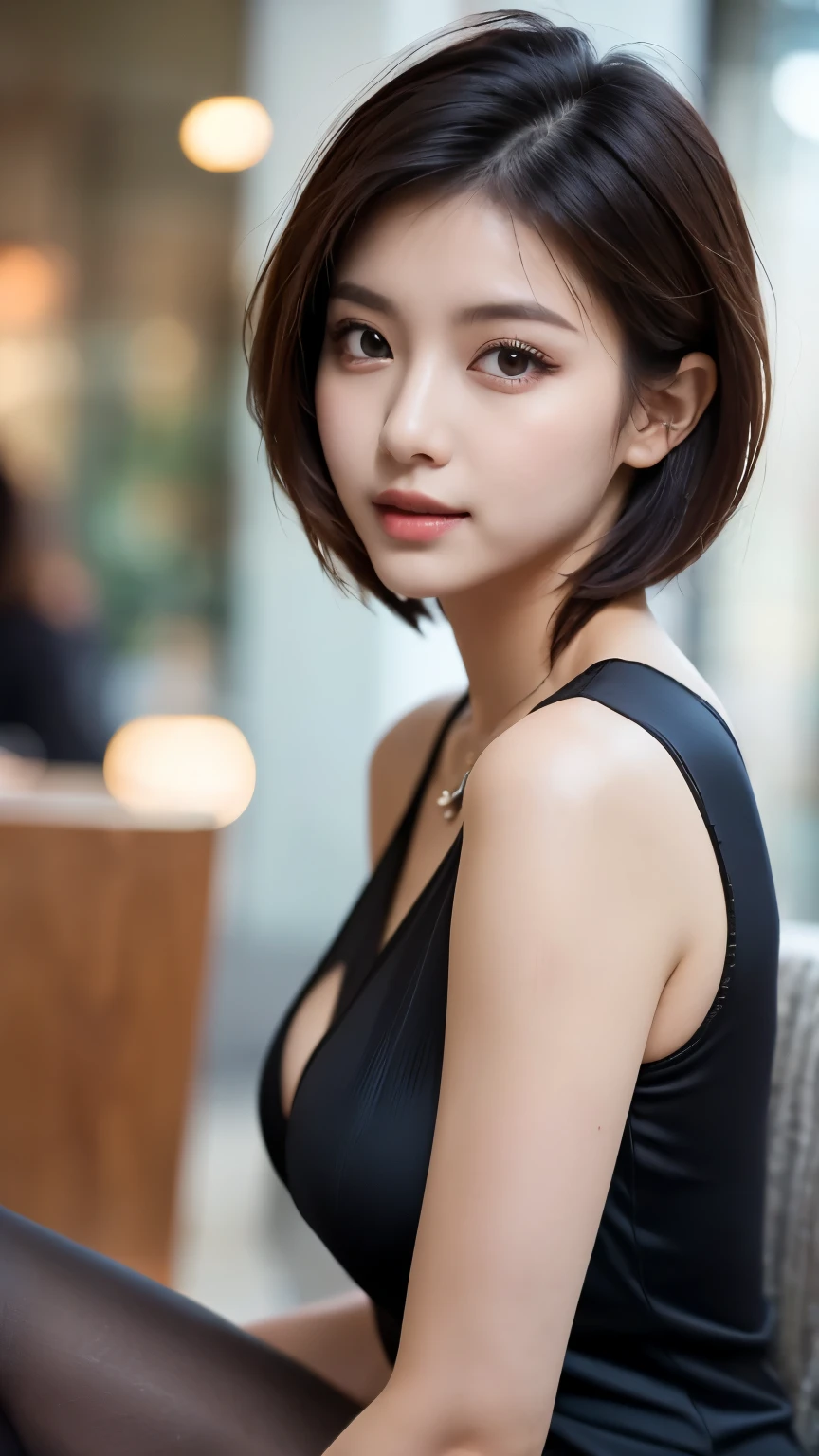 ulzzang-6500-v1.1, (Raw photo:1.2), (Photoreal), (See-through:1.3), (genuine:1.4), (muste piece:1.3), (super realistic pantyhose:1.3), beautiful women, Female college student, masterpiece, 90&#39;s vibe, Classic Look, highest quality, super detailed, photo-realistic, shining eyes, detailed face, clavicle, beautiful eyes, black eye, detailed eyeshadow, black hair, lip gloss, pink lip, Makeup, (Charm:1.5), sharp focus, clear eyes, hunter's eyes, eyelash, full body, (wavy hair:1.1),(short hair:1.3), (black dress:1.4),(beautiful:1.5), Elegant cross-legged pose、