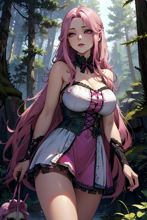 A pink haired woman with violet eyes and an hourglass figure is walking with a wolf in the forest.