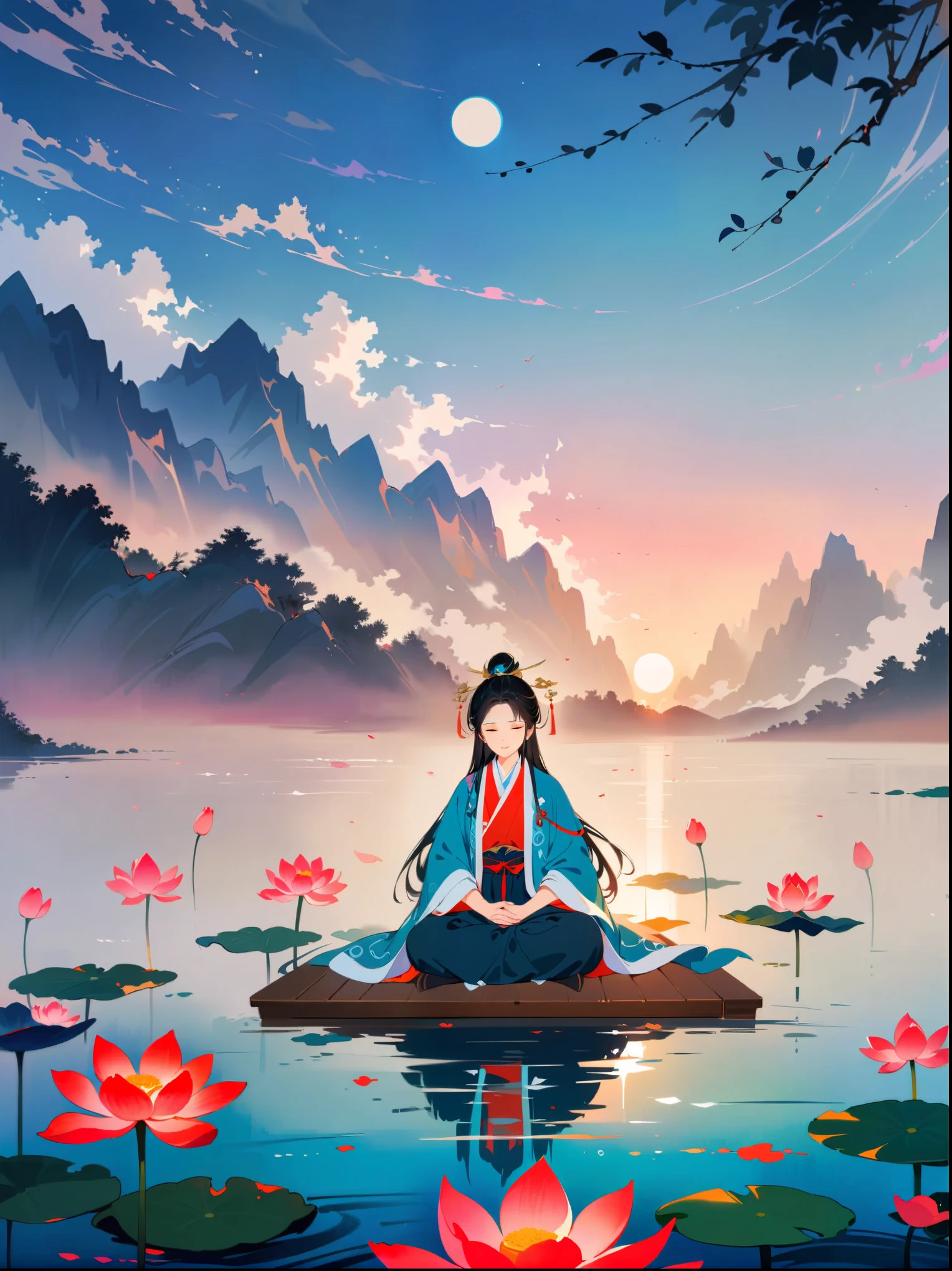 (close shot:1.5)，Daoist sage meditating in tranquil lotus pond, yin yang symbol, I Ching trigrams, swirling mist, lotus flowers, serene atmosphere, calming nature scene, (best quality, 8k, highres, masterpiece:1.2), ultra-detailed, concept art, intricate details, atmospheric lighting, cinematic, vibrant colors