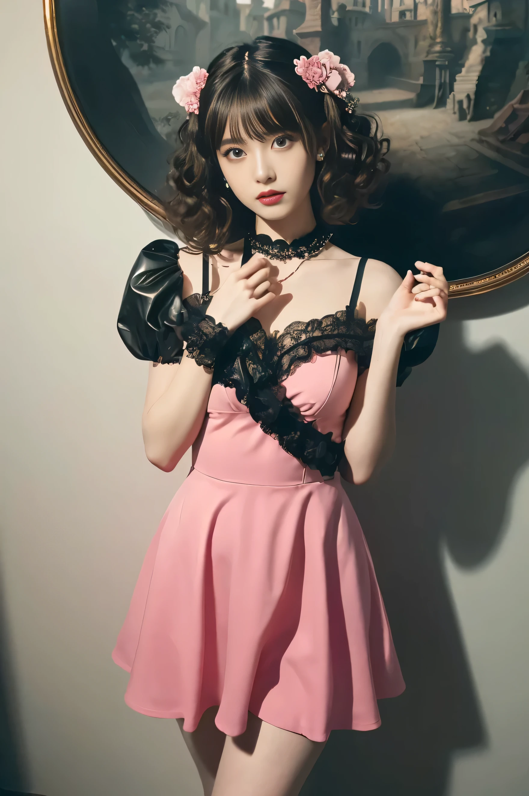 (((masterpiece, highest quality, Super detailed))), 1 female, ((full body shot,shot from above)),(((very thin body))) , (((length, thin legs))), (((Black short perm hair, thick fluffy bangs))), (((highly detailed face))), cosmetics free, small and thin nose, small thin mouth, (((Very sharp focused eyes))), Japanese, beautiful face, (lifelike face), beautiful hairstyle, realistic eyes, fine and beautiful eyes, (real looking skin), beautiful skin, charm, ultra high resolution, surreal, high detail, golden ratio, full body shot,(detail makeup:1.2), Photo shoot that recreates Tim Burton'View of the world、The mysterious pink costumes are also a highlight...。Victorian style pink dress、Design with gothic elements.。Accessories include leather items and studs..、chain is important。high resolution、Capture every detail clearly、,、Use a bright and vibrant color palette。As background:、Carefully selected mysterious and magical townscapes and fantastical locations that appear in the work..、Created images with Tim Burton'Distinctive dark shadows and strange details。.。perfect limbs,exact limbs