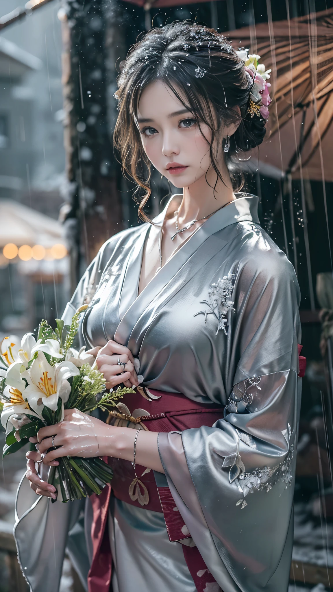 (RAW shooting, Photoreal:1.5, 8K, highest quality, masterpiece, ultra high resolution), (((heavy snow))), perfect dynamic composition:1.2, (In front of a shrine at night in a modern city, expression of sadness:1.1, Tears are flowing:1.1, cry with a broken heart:1.1), Highly detailed skin and facial textures:1.2, Slim office lady wet in the rain:1.3, cowboy shot, Fair skin:1.2, sexy beauty:1.1, perfect style:1.2, beautiful and aesthetic:1.1, very beautiful face:1.2, water droplets on the skin, (rain drips all over my body:1.2, wet body:1.2, wet hair:1.3), (Holding a wet bouquet:1.2, wet silver kimono:1.3), (Medium chest, Bra is sheer, Chest gap), (Eyes that feel beautiful eros:0.8), (Too erotic:0.9, Bewitching:0.9), necklace, earrings, bracelet