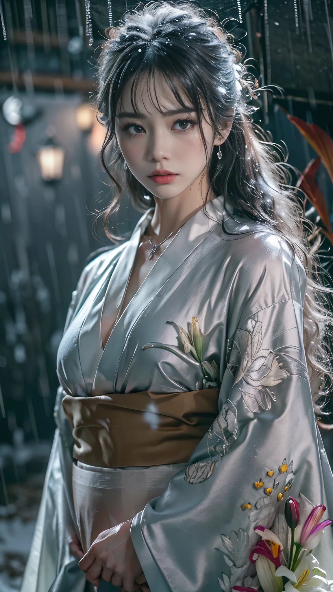 (RAW shooting, Photoreal:1.5, 8K, highest quality, masterpiece, ultra high resolution), ((((heavy snow, Blizzard)))), Highly detailed skin and facial textures:1.3, perfect dynamic composition:1.2, (In front of a shrine at night in a modern city, expression of sadness:1.0, Tears are flowing:1.0, cry with a broken heart:1.0), Slim office lady wet in the rain:1.3, cowboy shot, Fair skin:1.2, sexy beauty:1.1, perfect style:1.2, beautiful and aesthetic:1.1, very beautiful face:1.2, water droplets on the skin, (rain drips all over my body:1.2, wet body:1.2, wet hair:1.3), (Professional kimono dressing:1.1, Holding a bouquet of wet lilies:1.2, Wearing a wet silver kimono correctly:1.3), (Medium chest, Bra see-through, Chest gap),  (Eyes that feel beautiful eros:0.9, Too erotic:0.9, Bewitching:0.9), necklace, earrings, bracelet, wedding ring, Highly detailed hand and finger expressions