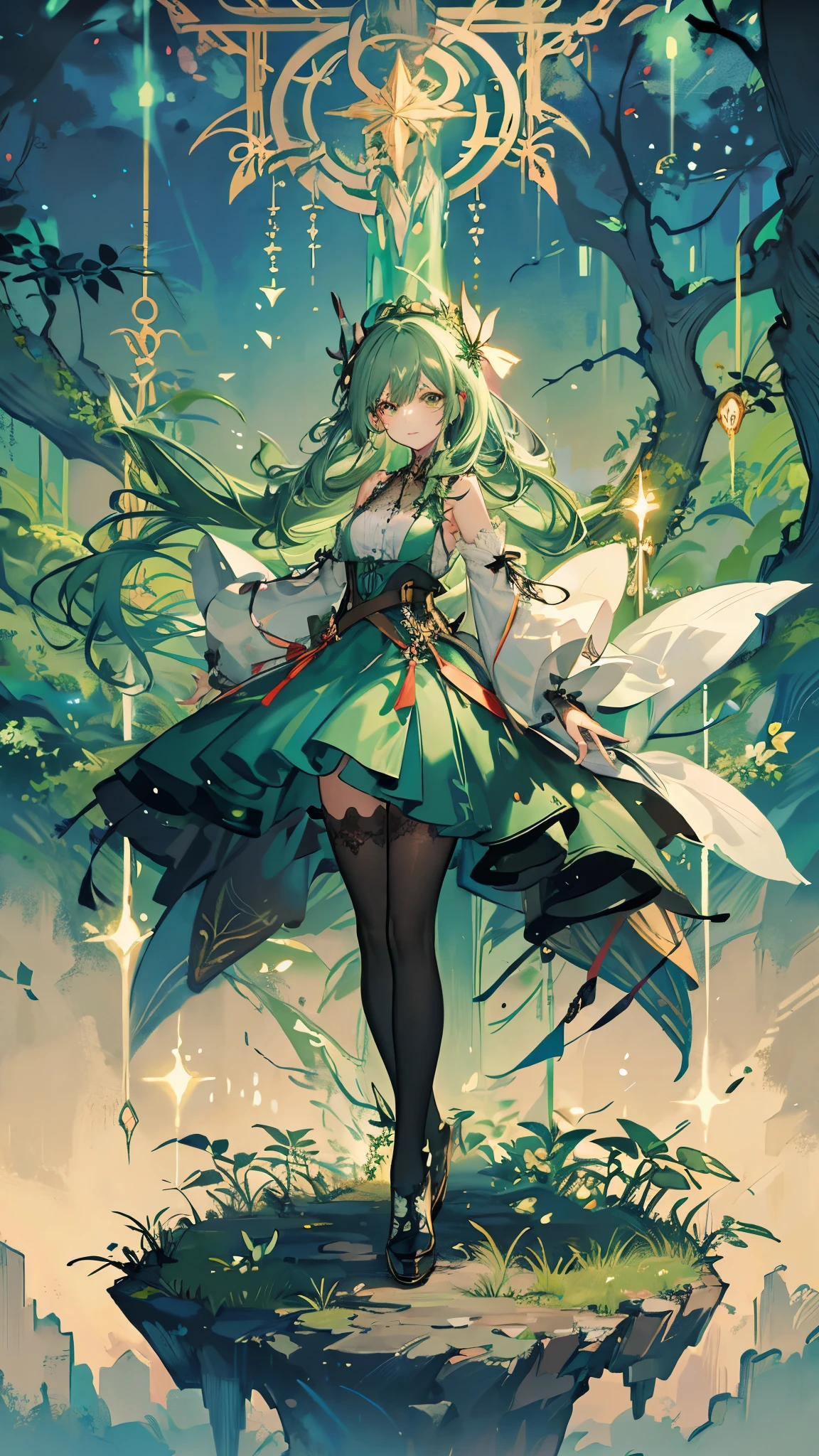 Leprechauns in the forest，Green bell of the valley，Green lily of the valley fairy，detail，in battle，full-body shot，cute，