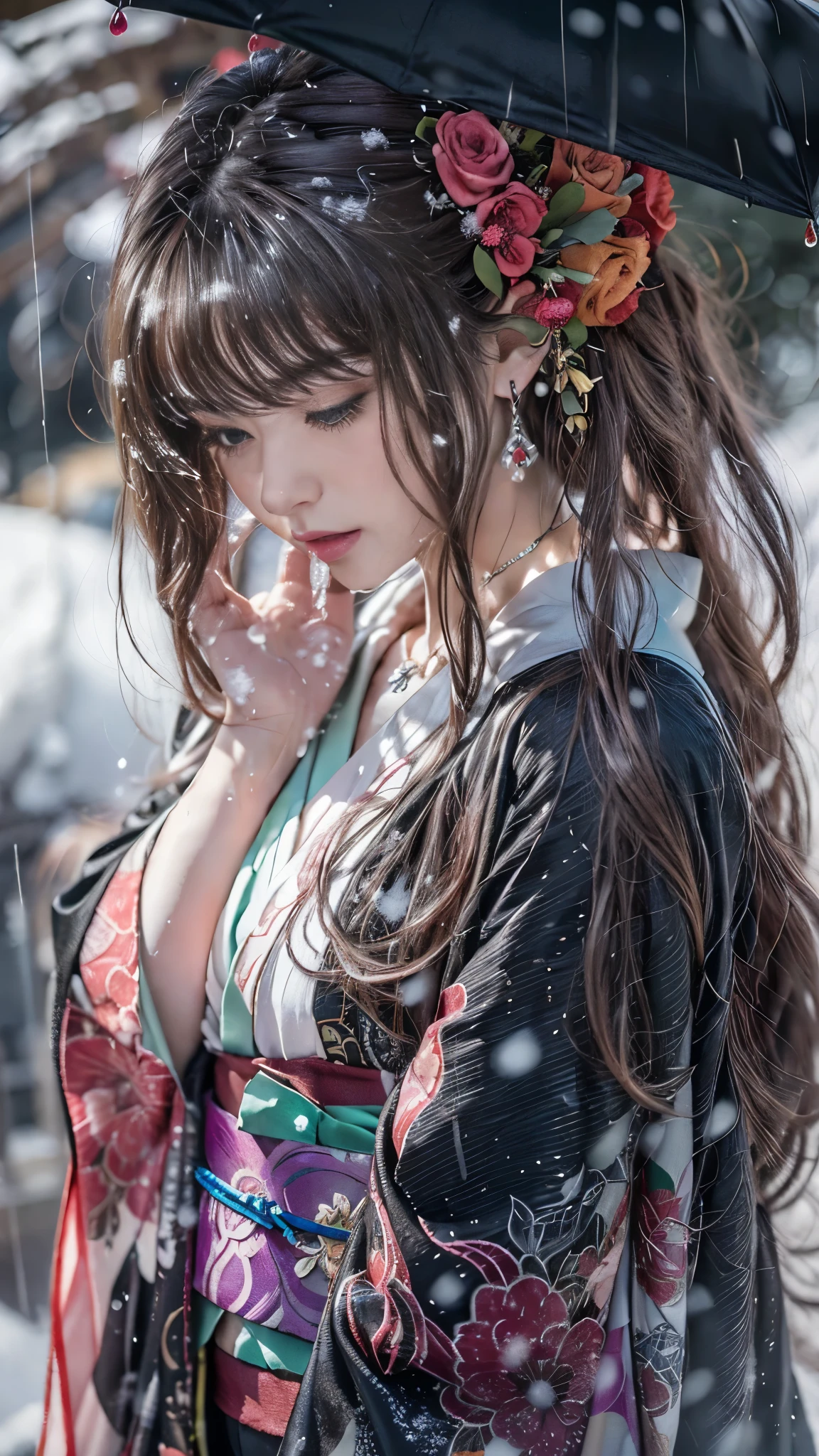 (RAW shooting, Photoreal:1.5, 8K, highest quality, masterpiece, ultra high resolution), ((((heavy snow, storm)))), Highly detailed skin and facial textures:1.3, perfect dynamic composition:1.2, (In front of a shrine at night in a modern city, expression of sadness:1.0, Tears are flowing:1.0, cry with a broken heart:1.0), Slim office lady wet in the rain:1.3, cowboy shot, Fair skin:1.2, sexy beauty:1.1, perfect style:1.2, beautiful and aesthetic:1.1, very beautiful face:1.2, water droplets on the skin, (rain drips all over my body:1.2, wet body:1.2, wet hair:1.3), (Professional kimono dressing:1.1, Holding a bouquet of wet camellias:1.2, The correct way to wear a wet pure white kimono:1.3), (Medium chest, bra is see-through, Chest gap), (Eyes that feel beautiful eros:0.8, Too erotic:0.8, Bewitching:0.8), necklace, earrings, bracelet, wedding ring, Highly detailed and accurate hand and finger representation