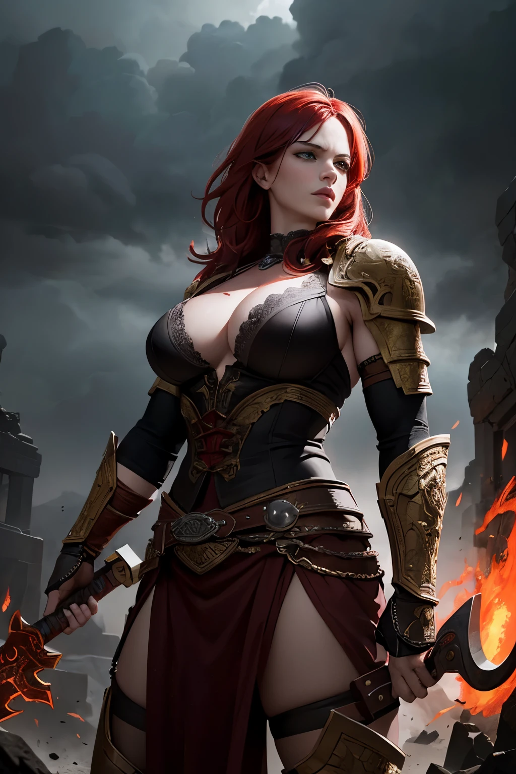 Christina Hendricks as Kratos from God of War,powerful female character,dark red hair and intense green eyes,striking facial features,strong and muscular build,tattooed body,posing with a massive double-sided axe,wearing a warrior's leather armor,standing in an ancient mythical battlefield,bathed in dramatic lighting,ominous storm clouds in the background,echoes of battle in the distance,bringing a sense of raw power and determination,combining beauty and strength,intricate details highlighting the fierceness and intensity of the character,hyper-realistic rendering to capture every minute detail,showcasing the mastery of digital portrait artistry,ultimate photorealistic quality,highly detailed facial expression showcasing the determination and strength of the character,subtle hints of magic and supernatural elements reflecting the true essence of the God of War universe,vibrant colors with deep reds and contrasting cool tones,creating a visually striking and captivating portrait.