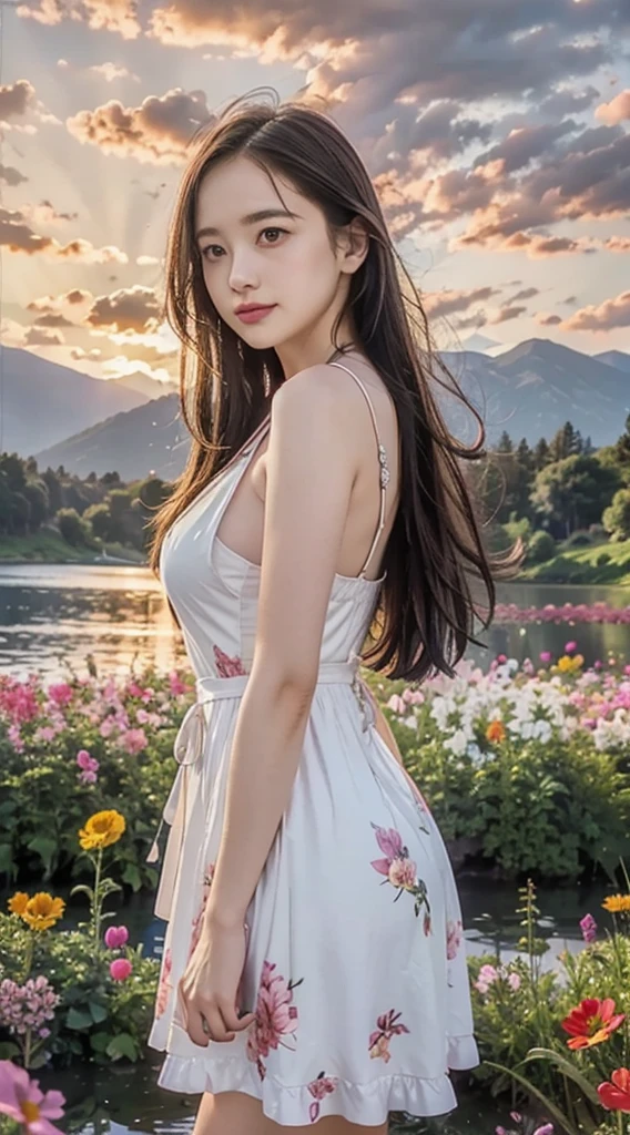 1 girl, Dynamic angle, clouds and mountains, (flower field:1.4) in the foreground, white dress, light tracking, (Multi-colored wind blows:1) (realistic:1.4), official art, unity wallpaper 8k, very detailed, beautiful and beautiful, Masterpiece,best quality, Glowing skin, movie light, Smiling softly, there is a beautiful sunset with a lake and trees in the background., colorful sky, Surreal colors, colorful sunset, colorful sky, The magical reflection of the sky, Breathtaking skies, Dream like atmosphere 8K, colorful clouds, Colors reflected in the lake, surreal sky, red and blue reflection, Fire reflection, beautiful sky, The dusk is beautiful and breathtaking., beautiful dream landscape, dramatic sky , The futuristic wall clock is in the left corner.