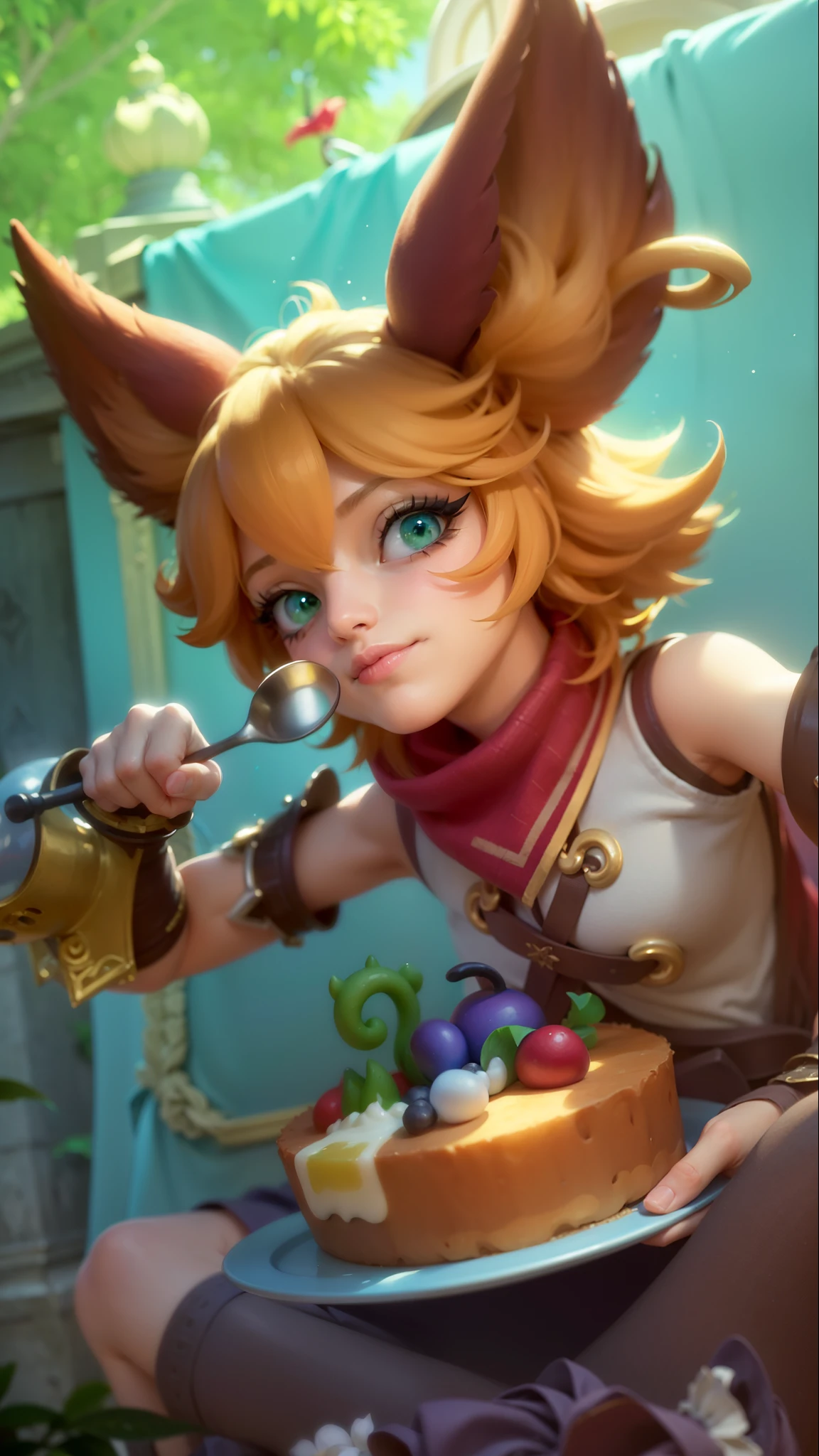 a girl with a cat hat and gloves, girl holding spoon and plate of cake in hands, 8k, ultra hd, ultra detailed texture, hyper realistic, masterpiece, detailed texture, detailed face, detailed skin, detailed lighting, (photorealistic:1.5), best quality, beautiful lighting, cinematic lighting, professional lighting, ultra highres, realistic, detailed hair, real hair, high quality, (realskin:1.5), extremely detailed, finely detail, ultra-detailed, green eyes, smile.