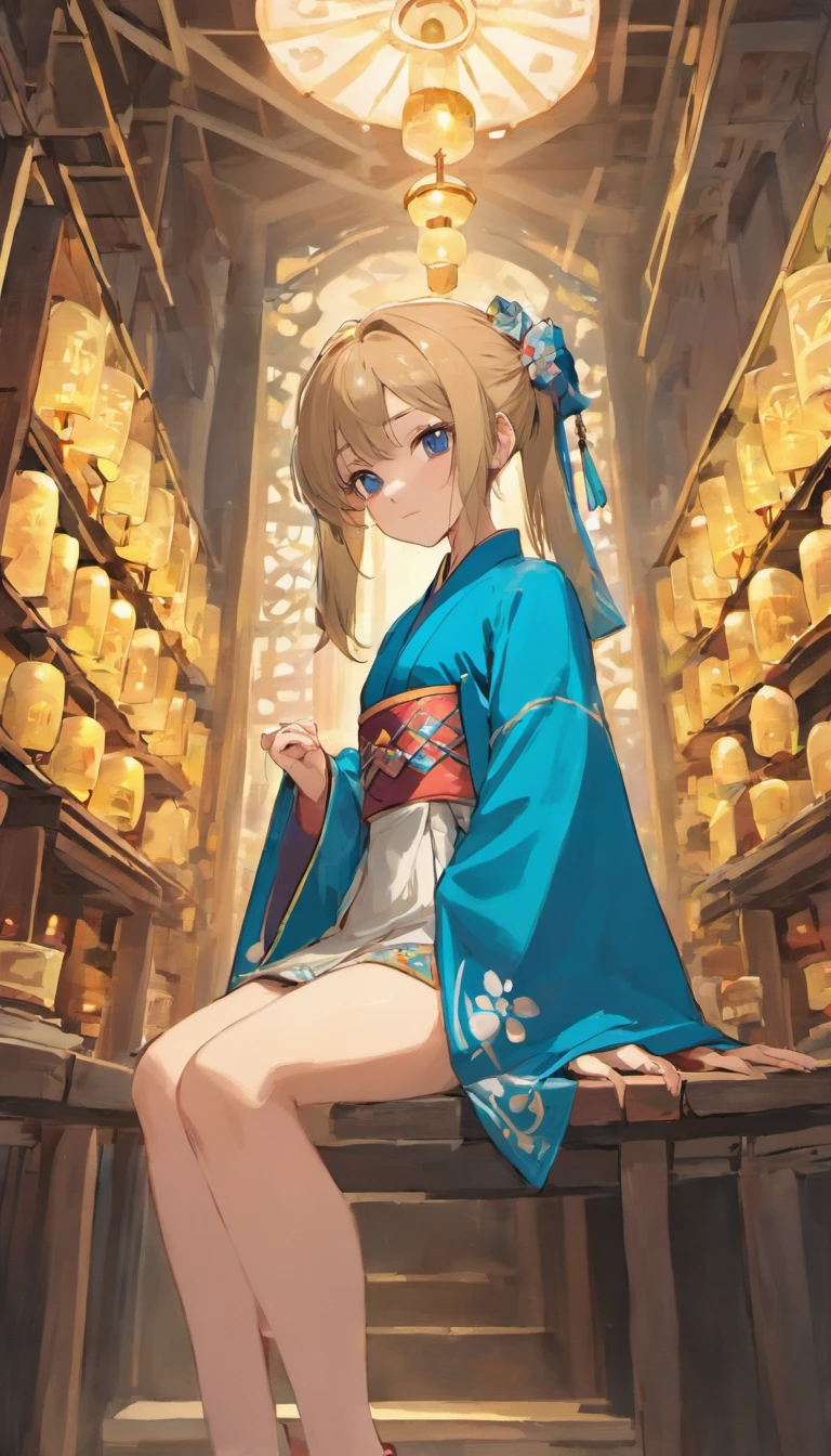 Anime girl in blue kimono dress sitting on a shelf, nice hands, nice face, nice body, Alice x. open, Gwaites style artwork, lost run 8k, Gweiz art station pixiv, Google on pixiv artstation, by ヤン・J, beautiful character drawings, Los Tran and WLOP, palace, girl in hanfu, lost run style