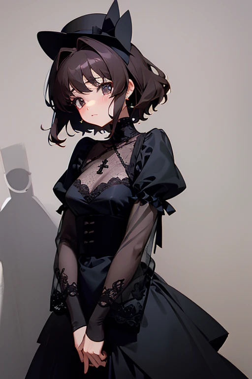 vampire woman, Victorian dress, absurdres, RAW photo, extremely delicate and beautiful, masterpiece, Best Quality, ultra high resolution, 32k, hyperrealistic, ultra-detailed, detailed description, pale skin, 20 years old, tearful mole, earring, short medium hair, wavy hair, full body shot,