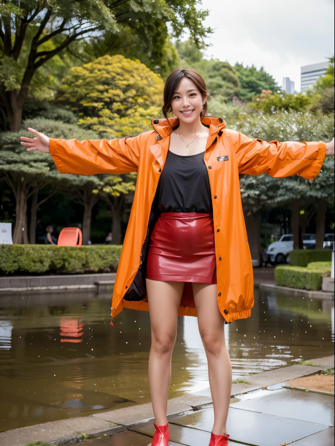 (Raw photo:1.2), (realistic:1.4),beautiful detailed woman,非常にfine eyesと顔, fine eyes, Super detailed,High resolution, very detailed,highest quality,enlightenment,unified,8k wallpaper,masterpiece,highest quality,1 female,alone,rich,Full body Esbian,(Slightly chubby body type:0.7),thick legs,alone,(Wearing a red high leg rubber swimsuit:1.8),(He wears his raincoat with the front open.:1.6)、(Standing with arms outstretched horizontally:1.6)、(pantyhose:1.4)、(high heels:1.5)、jewelry, necklace ,short hair,gentle smile,dignified atmosphere,black eye,realistic,(Hibiya Park:1.5)、(rain:1.2)、 (morning park:1.2)
