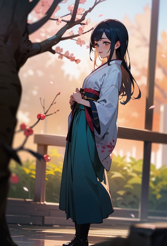 photo realistic, (masterpiece, best quality), 1girl,cute,baby face,japanese Taisho-era female student wearing a kimono(cherry blossom pattern kimono) and long skirt(navy skirt) and brown boots,long hair,eyes with large brown irises, small mouth, fresh lips,dark blue hair, smiling,cherry blossom tree avenue, intricate details, depth of field,beautiful lighting, volumetric lighting, (photographic portrait), sharp,