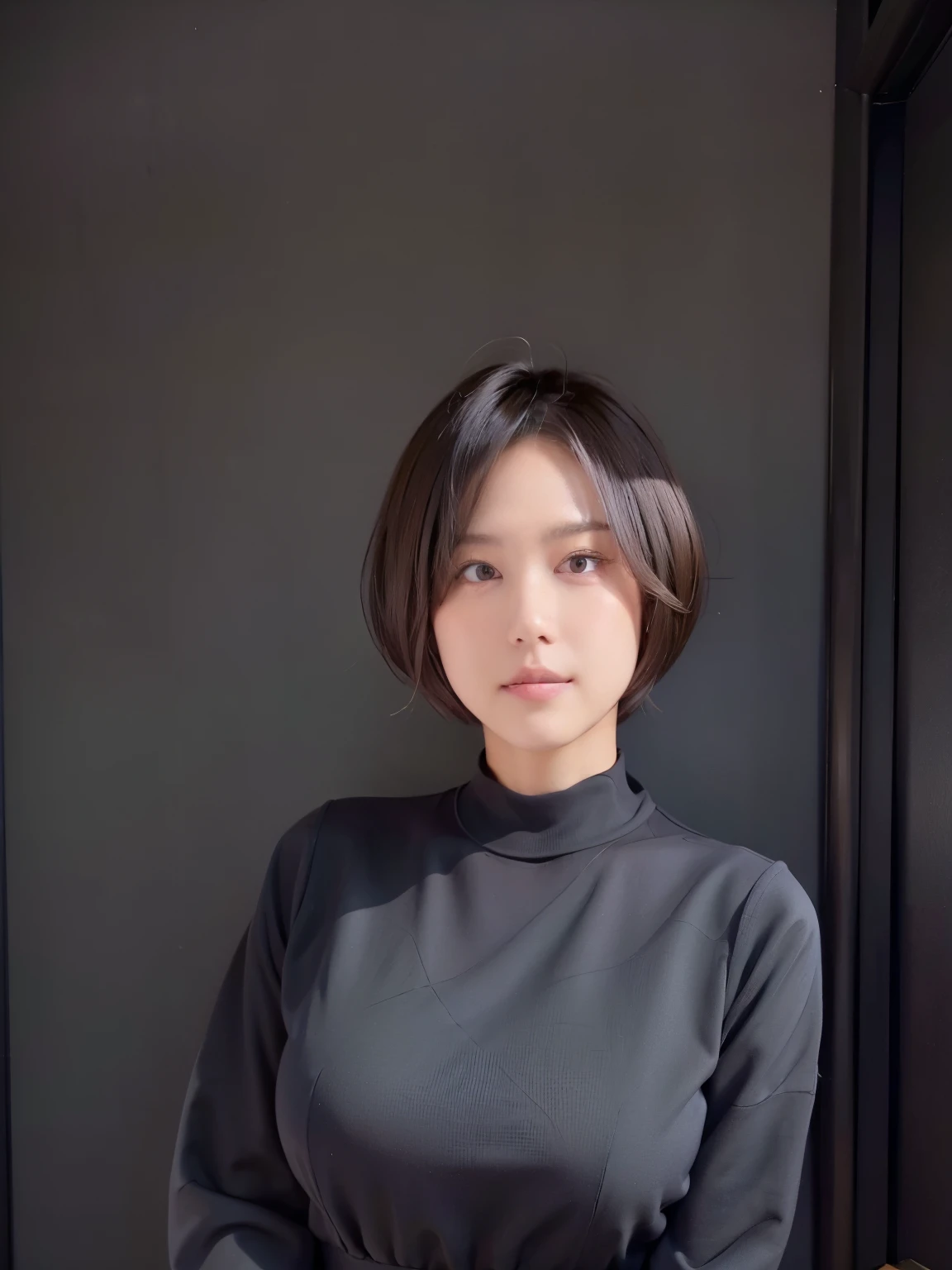 patterned long sleeve dress、table top、(background black wall、Taken in front of the black door:1.4)、((highest quality、8K、masterpiece:1.3))、Japanese woman in her 38s、ultra high resolution、(photogenuineistic:1.4)、Raw photo、Japanese,(face)、genuine、Photographed in natural light、Highly detailed face and skin texture、highly detailed lips、correct state of the human body、shortcut、short hair、short hair、brown hair、various poses、natural color lip、(She is facing to the left:1.2)