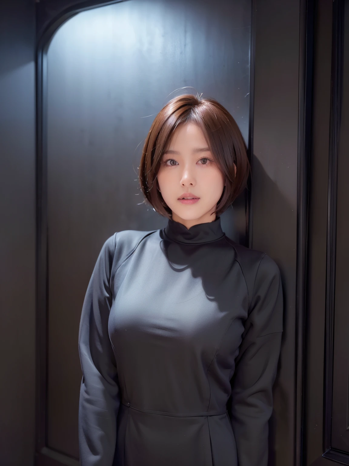 patterned long sleeve dress、table top、(background black wall、Taken in front of the black door:1.4)、((highest quality、8K、masterpiece:1.3))、Japanese woman in her 38s、ultra high resolution、(photogenuineistic:1.4)、Raw photo、Japanese,(face)、genuine、Photographed in natural light、Highly detailed face and skin texture、highly detailed lips、correct state of the human body、shortcut、short hair、short hair、brown hair、various poses、natural color lip、(She is facing to the left:1.2)