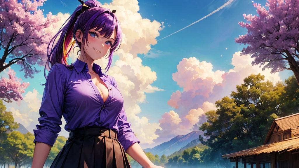 1girl, summer, village, trees, sun, clouds, ((colorful hair)), ponytail, large breasts, button down, blue eyes, ((purple shirt)), ((unbuttoned shirt)), unbuttoning buttons, popping buttons, ((short sleeved shirt)), black mini skirt, brown shoes, grin, looking at the viewer, standing, hair ribbon, cleavage, golden necklate