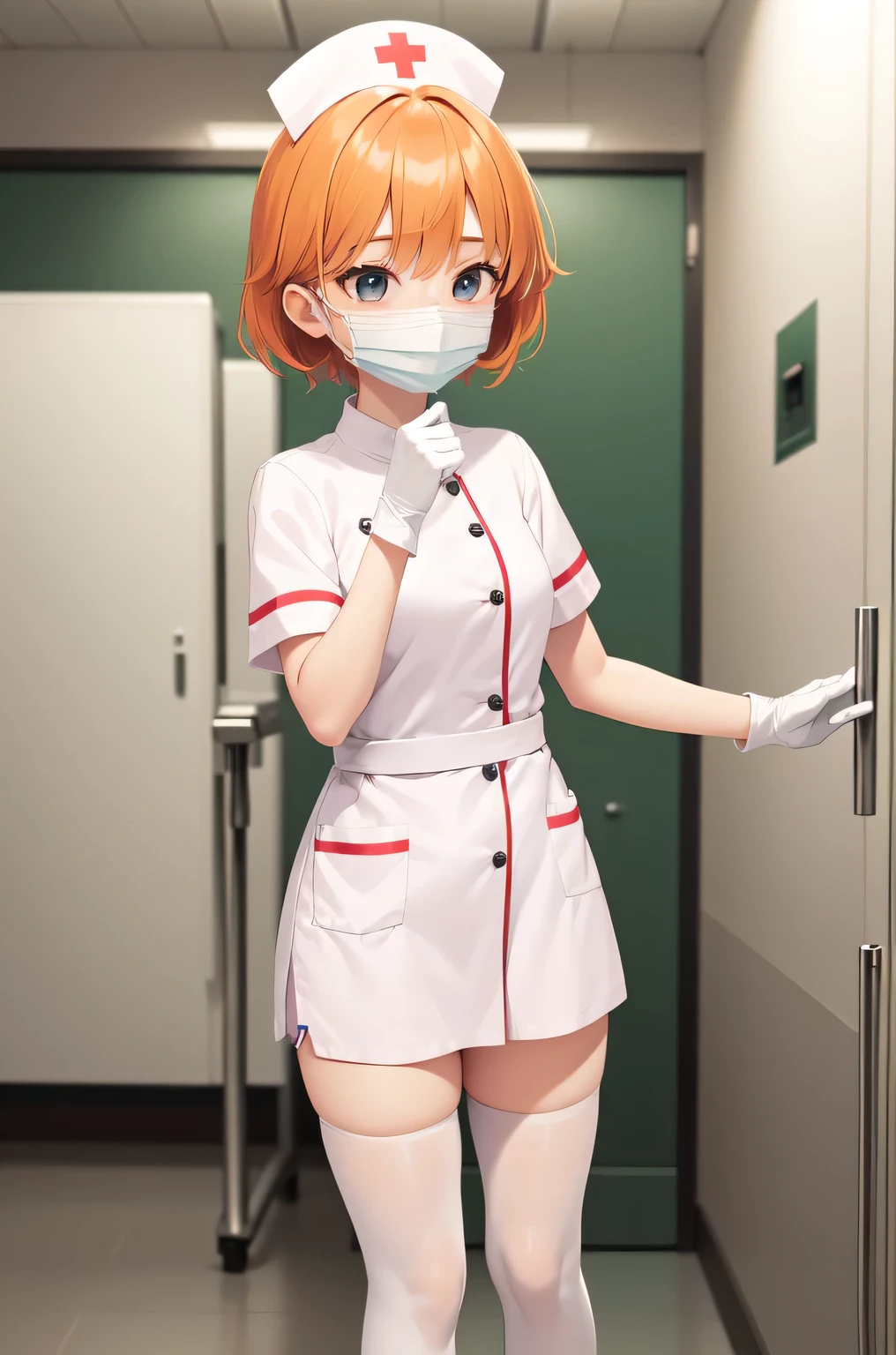 1girl, solo, nurse, nurse cap, white nurse uniform, ((white legwear, zettai ryouiki)), white gloves, very short hair, orange hair, ((white surgical mask, covered nose)), standing, ((hospital room)), sharp outline, short sleeves, tomboy, boyish, best quality, masterpiece