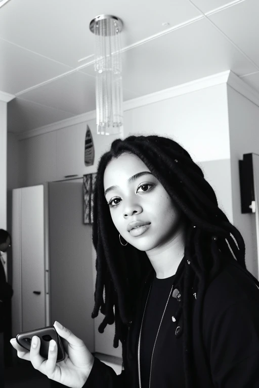 there is a woman with dreadlocks holding a cell phone, taken in the early 2020s, taken in the late 2010s, taken in the late 2000s, profile picture, black and white picture, dreadlock black hair, taken in 2 0 2 0, around 1 9 years old, african canadian