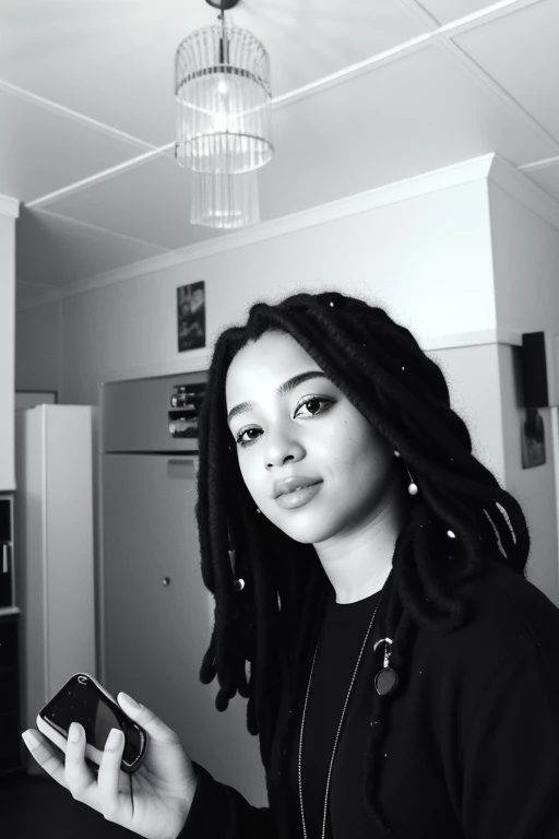 there is a woman with dreadlocks holding a cell phone, taken in the early 2020s, taken in the late 2010s, taken in the late 2000s, profile picture, black and white picture, dreadlock black hair, taken in 2 0 2 0, around 1 9 years old, african canadian