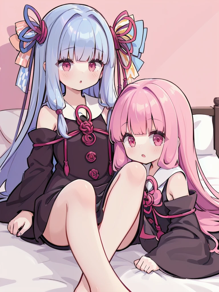 (((Akane Kotonoha and Aoi Kotonoha)))、(((lying on the bed)))、(((２girl girl)))、(kotonoha akane, hair ribbon
black dress, detached sleeves, wide sleeves, bare shoulders)、 (kotonoha aoi
hair ribbon, blue hair, red eyes, very long hair,blunt bangs)、