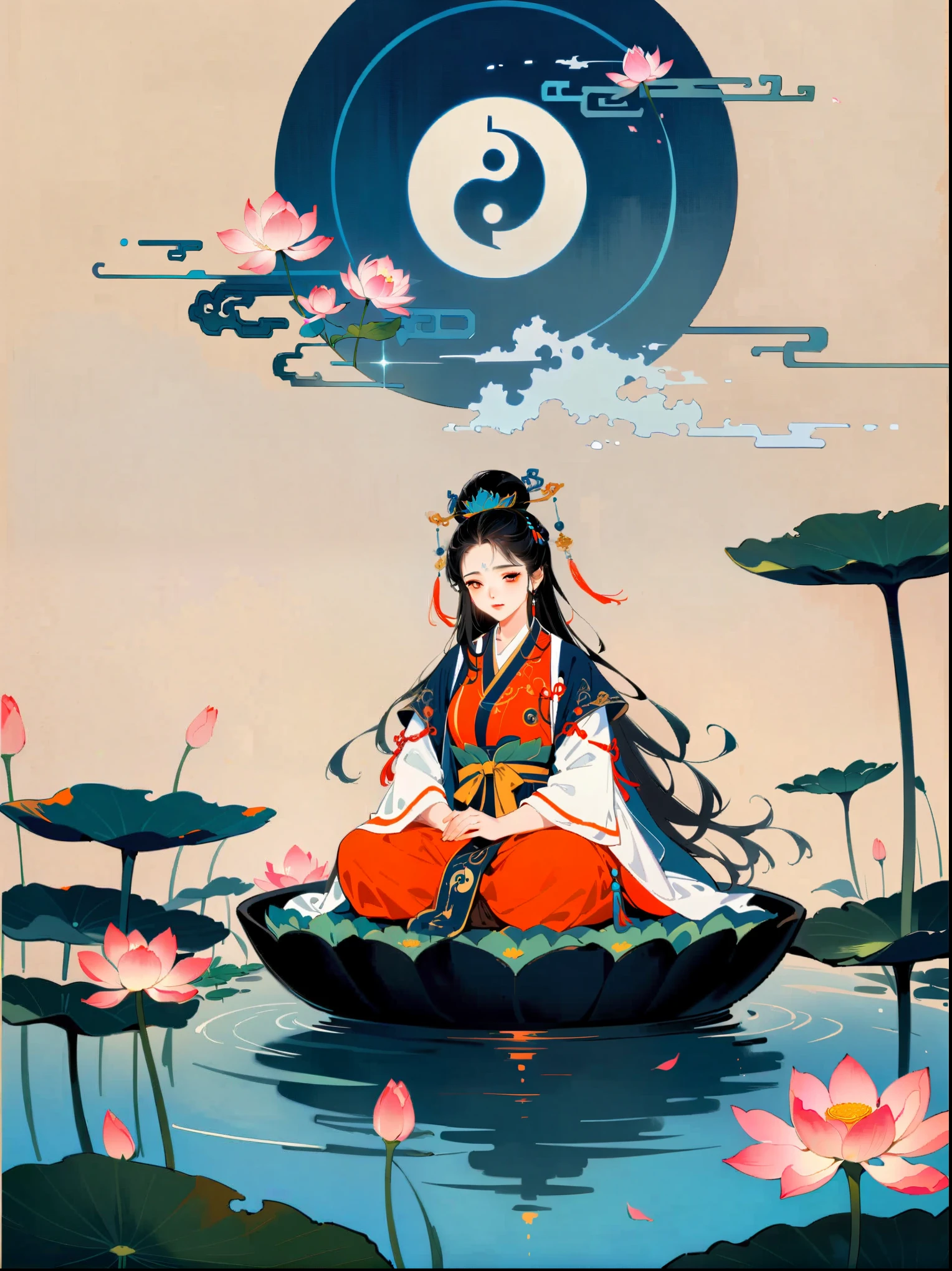 Taoist sage meditating in a tranquil lotus pond,Yin and Yang symbols,I Ching Hexagrams,Swirling Mist,lotus,peaceful atmosphere,Peaceful nature scene,(best quality,8k,high resolution,masterpiece),Super detailed,concept art,intricate details,Ambient lighting,Cinema Effect,bright colors