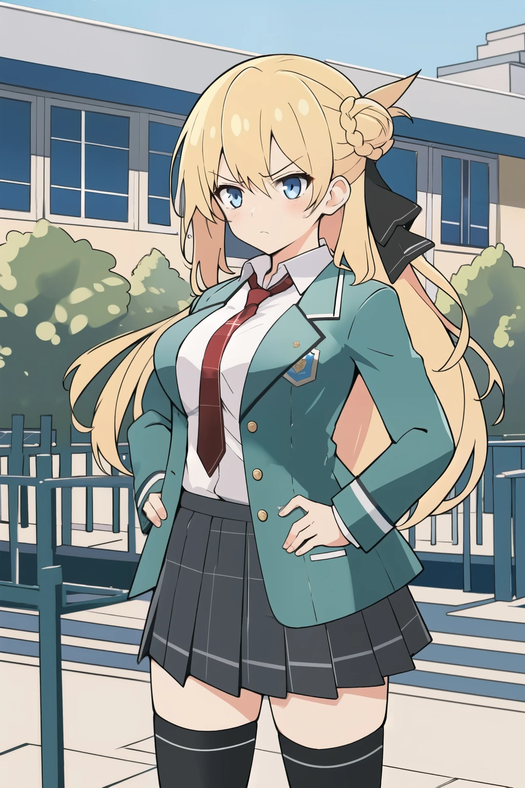 angry,;t,frown,hands on hip,
agnesxf,game style,blonde hair,low-tied long hair,hair ribbon,braided single hair bun,blue eyes,||white collared shirt,green jacket open blazer,long sleeves,large breasts,red plaid necktie,pleated plaid grey miniskirt,black thighhighs,brown loafers,outdoors,school,classroom,playground,, Exquisite visuals, high-definition,masterpiece,best quality,