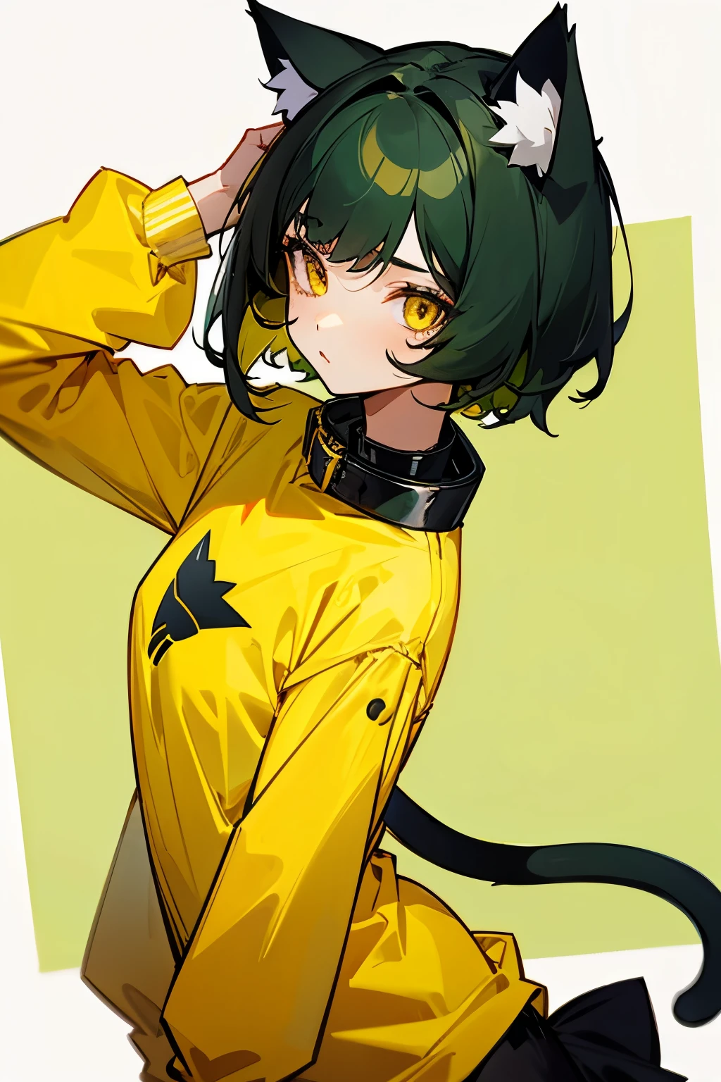 Girl, short dark green hair, yellow eyes, cat ears, cat collar, cat tail, yellow clothes, medium-sized chest,