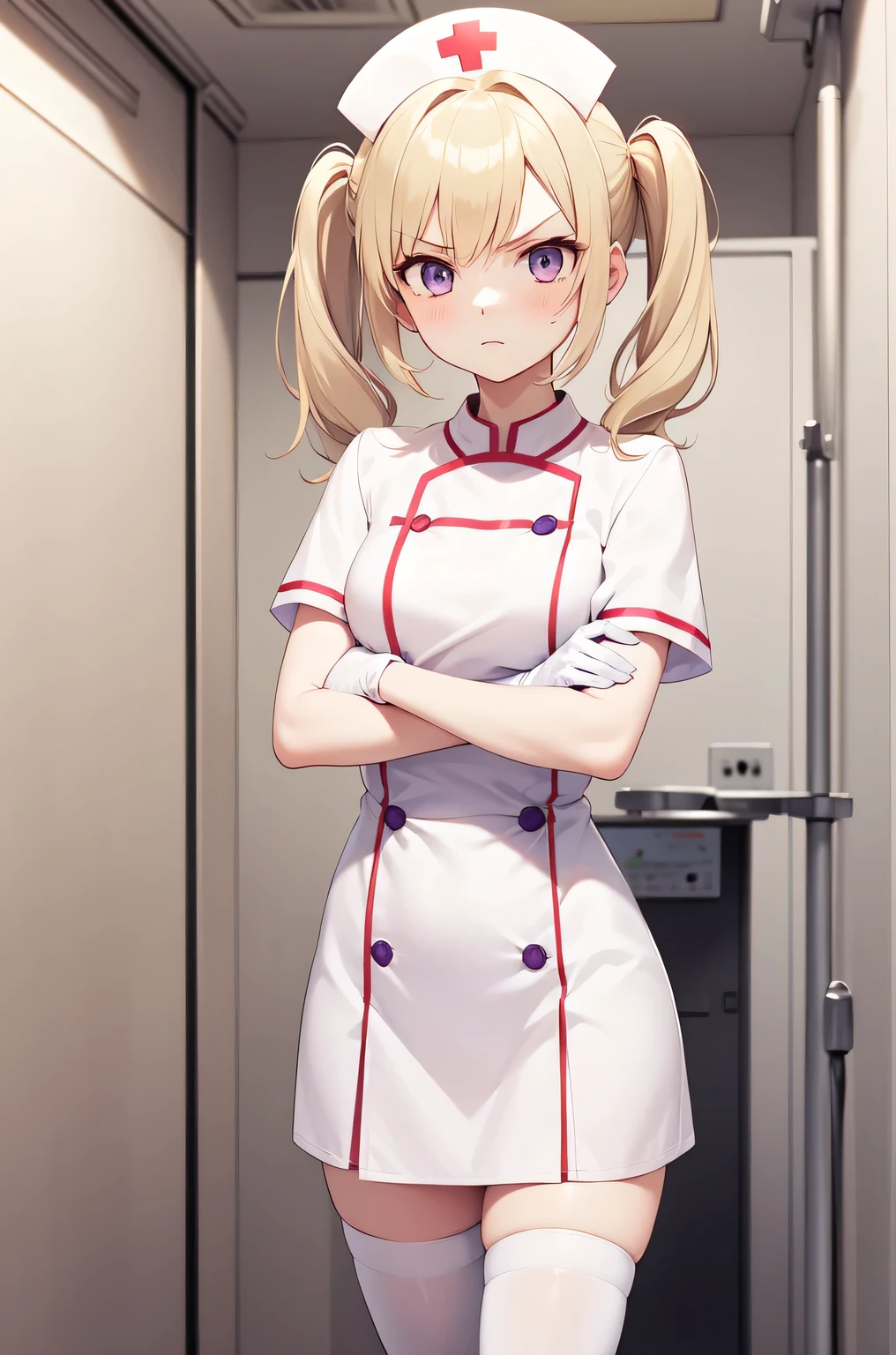 1girl, solo, nurse, nurse cap, white nurse uniform, ((white legwear, zettai ryouiki)), white gloves, twintails, yellow hair, purple eyes, angry, crossed arms, standing, ((hospital room)), sharp outline, short sleeves, best quality, masterpiece