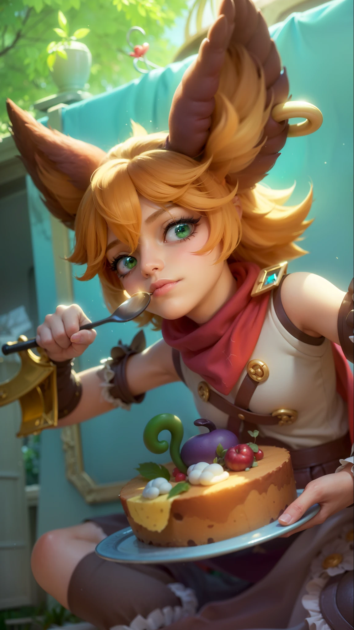 a girl with a cat hat and gloves, girl holding spoon and plate of cake in hands, 8k, ultra hd, ultra detailed texture, hyper realistic, masterpiece, detailed texture, detailed face, detailed skin, detailed lighting, (photorealistic:1.5), best quality, beautiful lighting, cinematic lighting, professional lighting, ultra highres, realistic, detailed hair, real hair, high quality, (realskin:1.5), extremely detailed, finely detail, ultra-detailed, green eyes, smile.