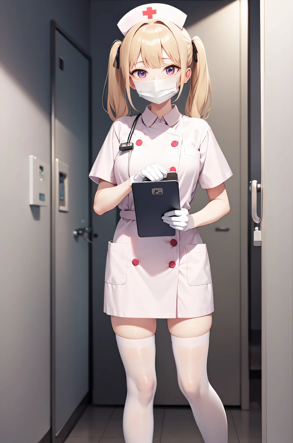 1girl, solo, nurse, nurse cap, white nurse uniform, ((white legwear, zettai ryouiki)), white gloves, twintails, yellow hair, purple eyes, ((white surgical mask, covered nose)), standing, ((hospital room)), sharp outline, short sleeves, best quality, masterpiece
