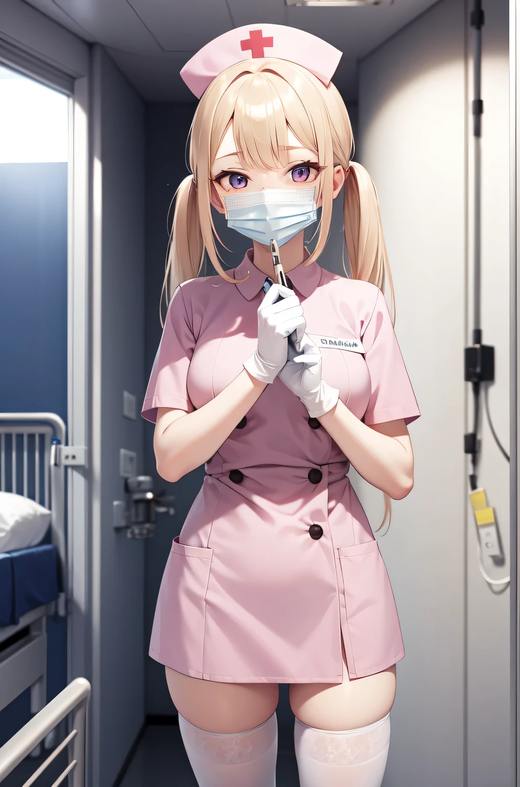 1girl, solo, nurse, nurse cap, white nurse uniform, ((white legwear, zettai ryouiki)), white gloves, twintails, yellow hair, purple eyes, ((white surgical mask, covered nose)), standing, ((hospital room)), sharp outline, short sleeves, best quality, masterpiece