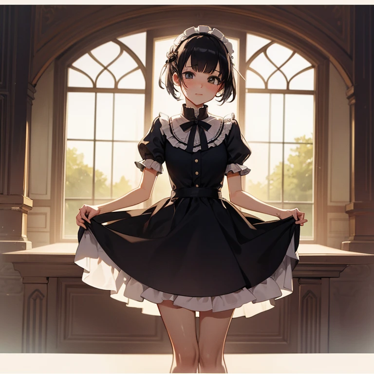 Girl, short, Lolita dress, looking outside through the window in her ivory tower.