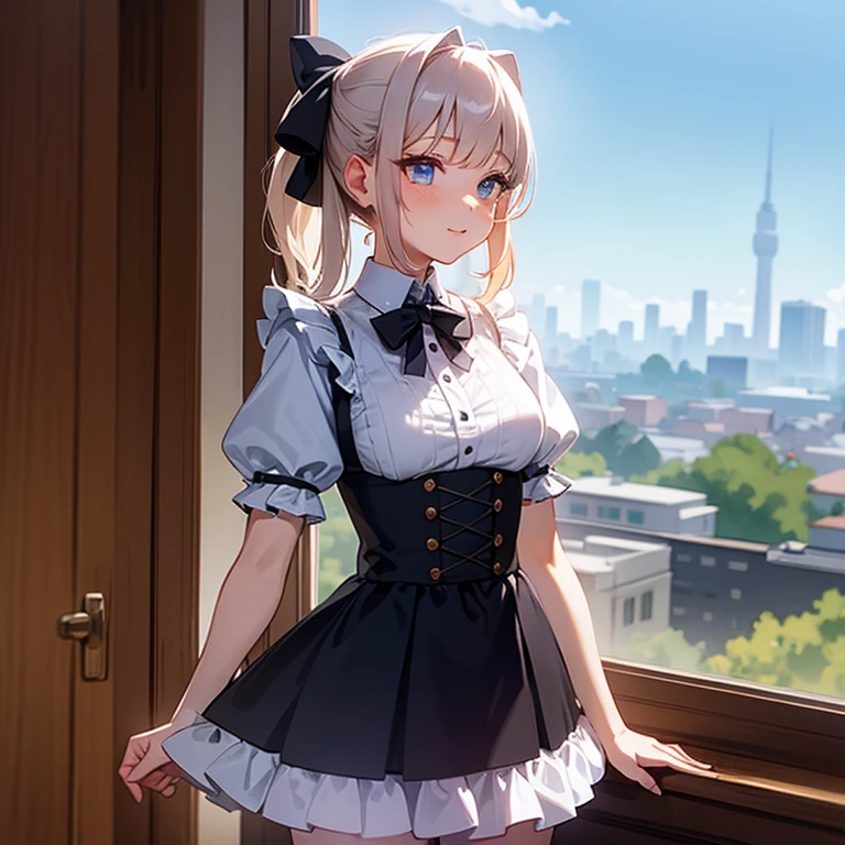 Girl, short, Lolita dress, looking outside through the window in her ivory tower.
