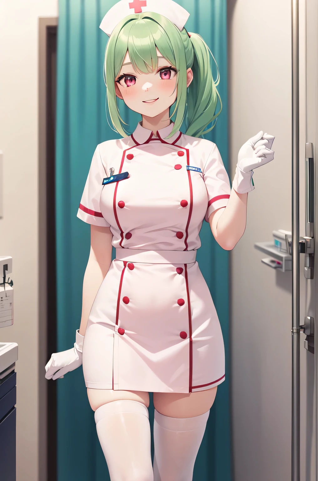 1girl, solo, nurse, nurse cap, white nurse uniform, ((white legwear, zettai ryouiki)), white gloves, ponytail, green hair, pink eyes, smile, standing, ((hospital room)), sharp outline, short sleeves, best quality, masterpiece