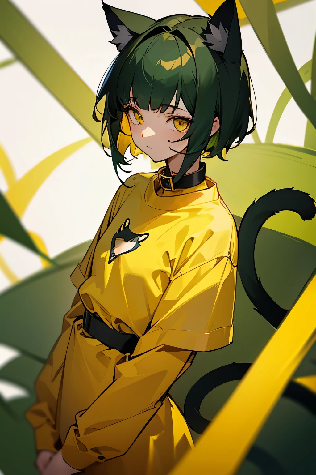 Girl, short dark green hair, yellow eyes, cat ears, cat collar, cat tail, yellow clothes, medium-sized chest, 