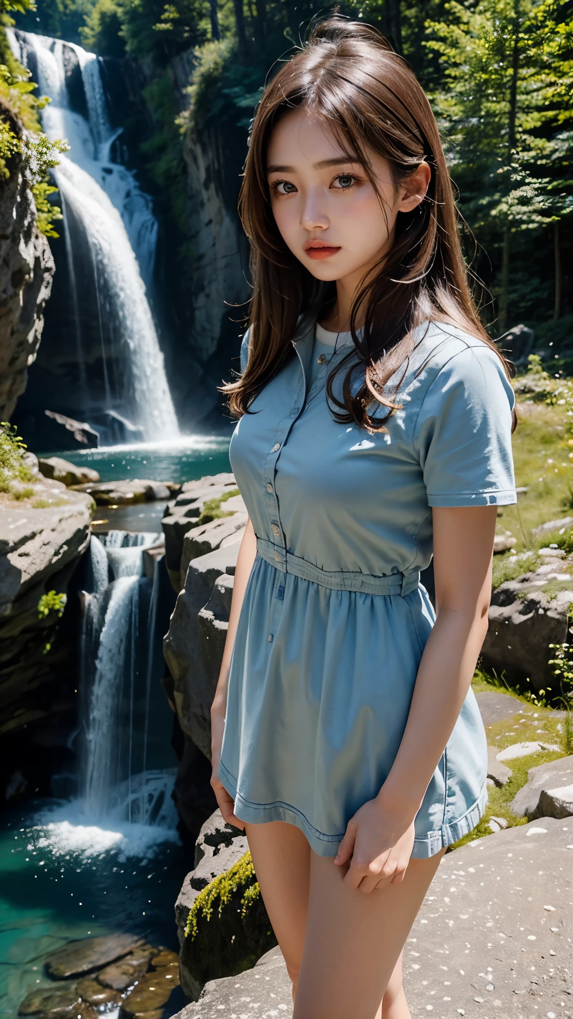 mountain climbing、mountain climbingガール、One female、beautiful woman、20 years beautiful Girl, Korean girl, Beautiful Luxury Sun dress , switzerland, alaps valley, Staubbachfall Waterfall,