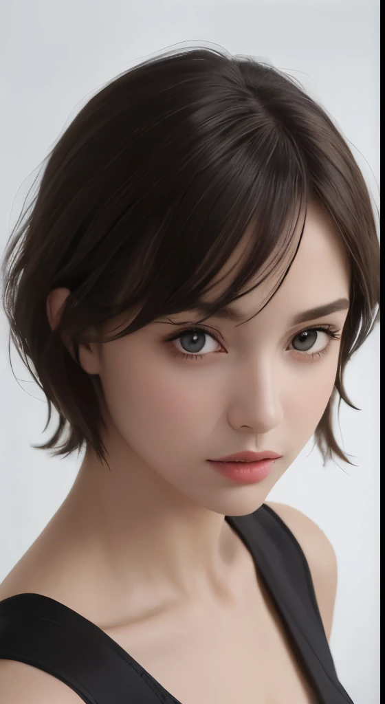 (masterpiece、highest quality、photorealistic、High resolution、photograph、:1.3)、very close up shot、sharp focus、one brunette girl、european girl、small face、no makeup、hot models、Highly detailed eyes and pupils、real skin、slim body shape、、small breasts、bust B cup、short cut hair、dark brown hair、delicate sexy face、sensual gaze、glossy lips、((Wearing a zip tank top sweatshirt))、((real、超real、realism、realなディテール)、female spy、Cool Beauty、gray background