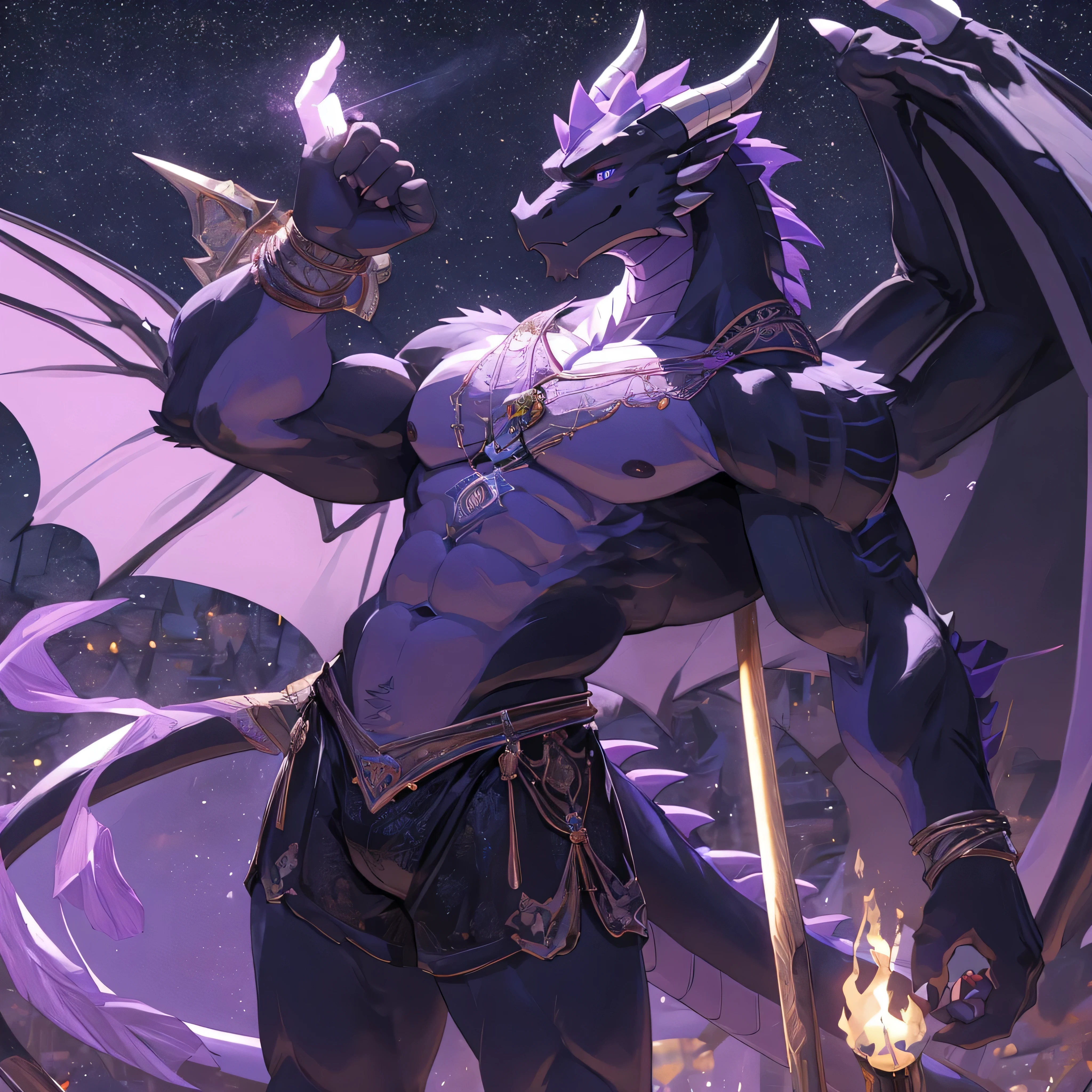 anthro male black dragon in purple lacy and showy purple lingerie An imposing and striking anthro male black dragon, his chiseled features and muscular physique accentuated by the delicate and lacy violet lingerie he adorns. His wings, which stretch far behind him, are artfully folded against his broad shoulders, accentuating their leathery texture and the sharpness of each scale. The lingerie hugs his form, emphasizing his hourglass waist and toned abs before flowing down to delicately cover his powerful thighs and muscular calves. A pair of violet, lace-trimmed panties adorn his hindquarters, accentuating his tail and its intricate patterning. The dragon's eyes sparkle with mischief and a hint of coyness, contrasting with his otherwise intimidating appearance. He poses elegantly against a backdrop of swirling lavender clouds, as if prepared to launch himself into the air at any moment, ready to show off his showy and alluring attire to the world below.
