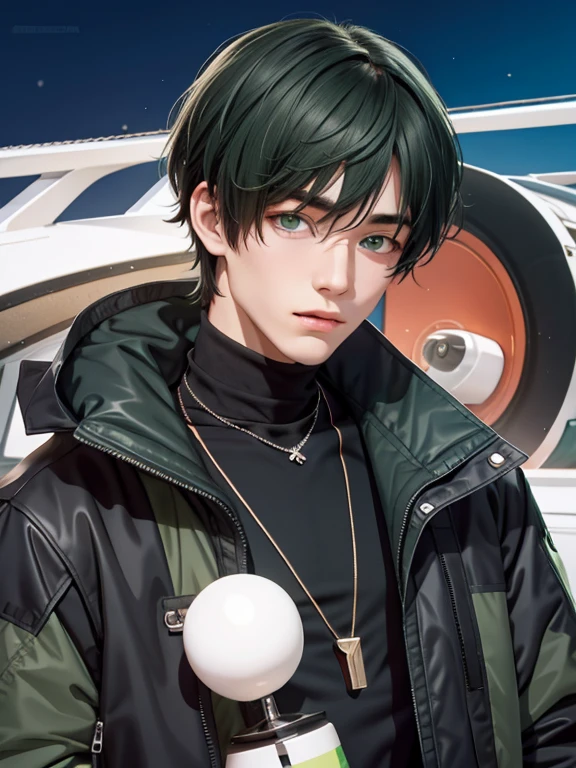 1 boy,Wears a jacket and underwear that has a neck, wears a necklace, has short dark green hair, dark green eyes, flat face