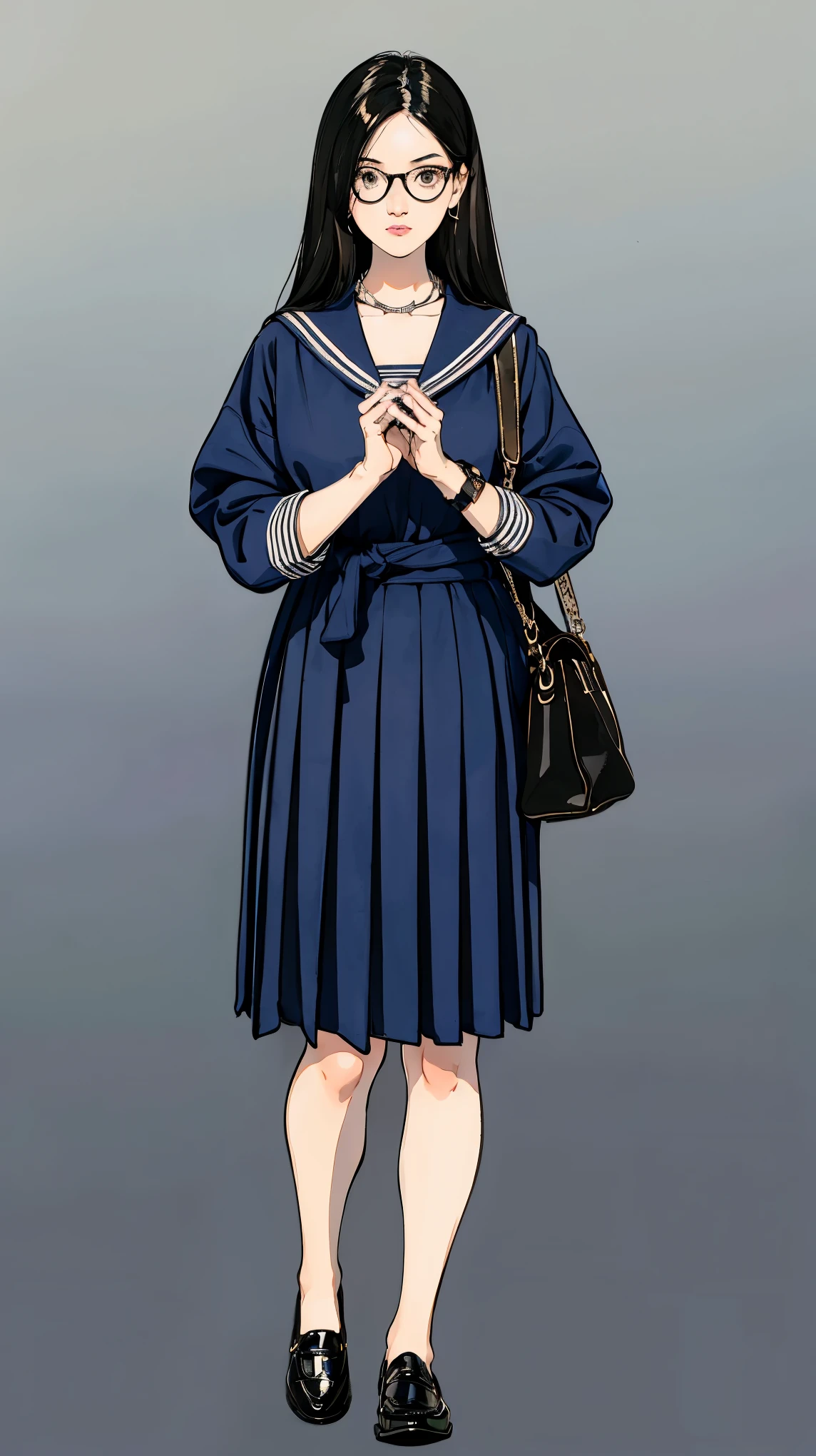 ((best quality,4k,highres,masterpiece:1.2)),((character concept art)), 1 female, . Concealing her true appearance beneath a traditional Japanese high  ((consisting of a bulky, navy blue sailor-style top paired with a matching pleated skirt)), she presents a persona that is distinctly nerdy. Her comfortable black loafers and white knee-high socks complete the ensemble. ((Her thick, black-framed eyeglasses and the messiness of her black hair reinforce this image)). The only accessories she carries are a school bag and a simple wristwatch. Beneath this carefully crafted exterior, her true elegance and sophistication remain hidden, waiting to be discovered. ((intricate detail)), super finely detailed hands, ultra finely detailed fingers(((ten fingers))), (standing casually), (full body showcase), (show full body), (no logos on background), (no logo), ((plain background)), ((plain background)), (((empty background))).