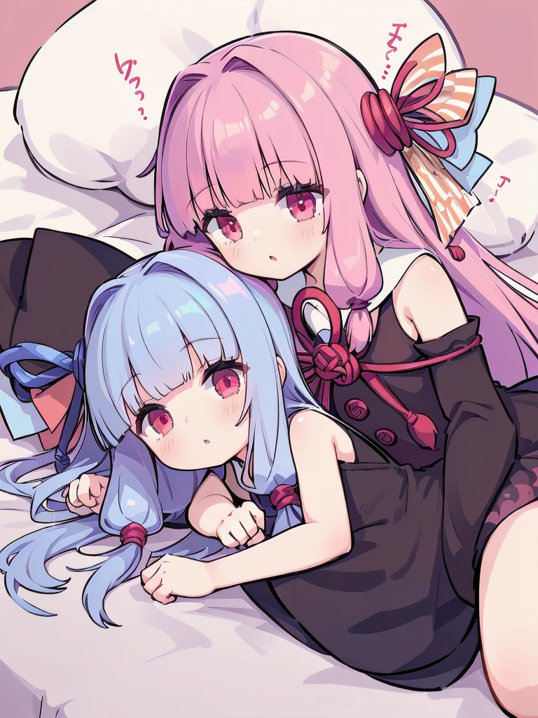 (((Akane Kotonoha and Aoi Kotonoha)))、(((lying on the bed)))、(((２girl girl)))、(kotonoha akane, hair ribbon
black dress, detached sleeves, wide sleeves, bare shoulders)、 (kotonoha aoi
hair ribbon, blue hair, red eyes, very long hair,blunt bangs)、