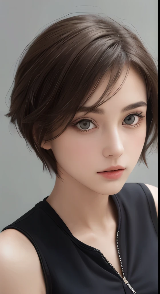 (masterpiece、highest quality、photorealistic、High resolution、photograph、:1.3)、very close up shot、sharp focus、one brunette girl、european girl、small face、no makeup、hot models、Highly detailed eyes and pupils、real skin、slim body shape、、small breasts、bust B cup、short cut hair、dark brown hair、delicate sexy face、sensual gaze、glossy lips、((Wearing a zip tank top sweatshirt))、((real、超real、realism、realなディテール)、female spy、Cool Beauty、gray background