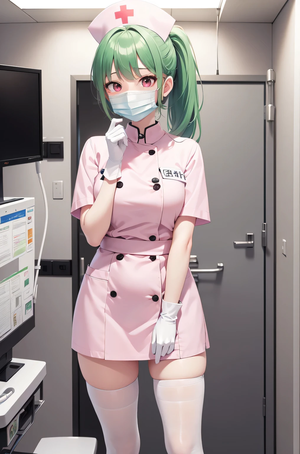 1girl, solo, nurse, nurse cap, white nurse uniform, ((white legwear, zettai ryouiki)), white gloves, ponytail, green hair, pink eyes, ((white surgical mask, covered nose)), standing, ((hospital room)), sharp outline, short sleeves, best quality, masterpiece