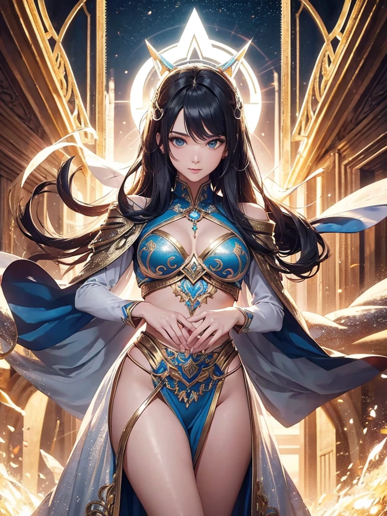 a goddess of the magic, sexy and beautiful, upright star totem float behind the back, magic circle on feets, halo, super textured skin, super detail face, perfect face, Super fine facial details, beautiful and delicate eyes, perfect eyes, anatomically correct, correct limbs, correct figner, super detail figner, best hair quality, best clothing quality, best prop quality, best halo detail and quality, best magic circle detail and quality, complex halo detail,