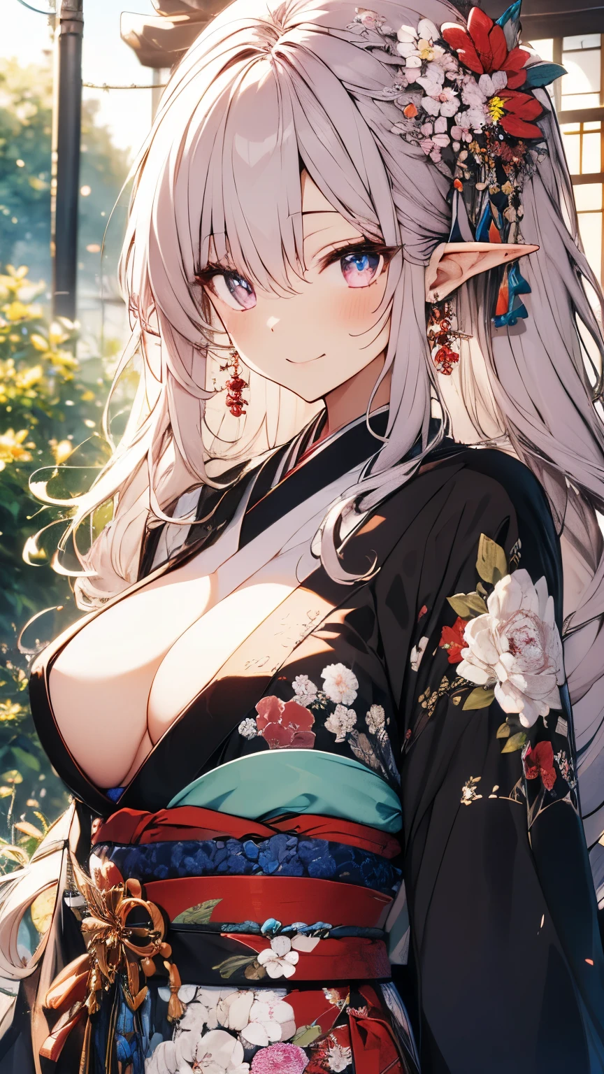 pink hair, bangs, hair behind ear, long hair, kanzashi, eye reflection, longeyelashes, earrings, light smile, bright pupils, anime style, first-person view, textured skin, masterpiece, high details, best quality, Elf woman, wearing traditional Japanese costume, large breasts, floral embroidery, Japanese style, bare breasts, white shoulders