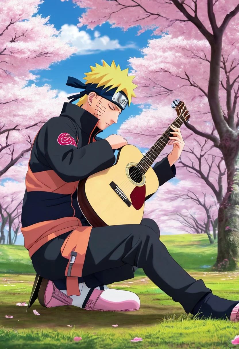 Naruto playing guitar with Sakura with Sakura kneeling at his feet crying in tears