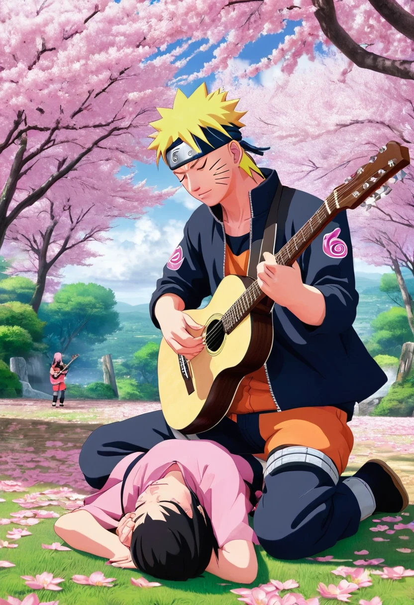 Naruto playing guitar with Sakura with Sakura kneeling at his feet crying in tears