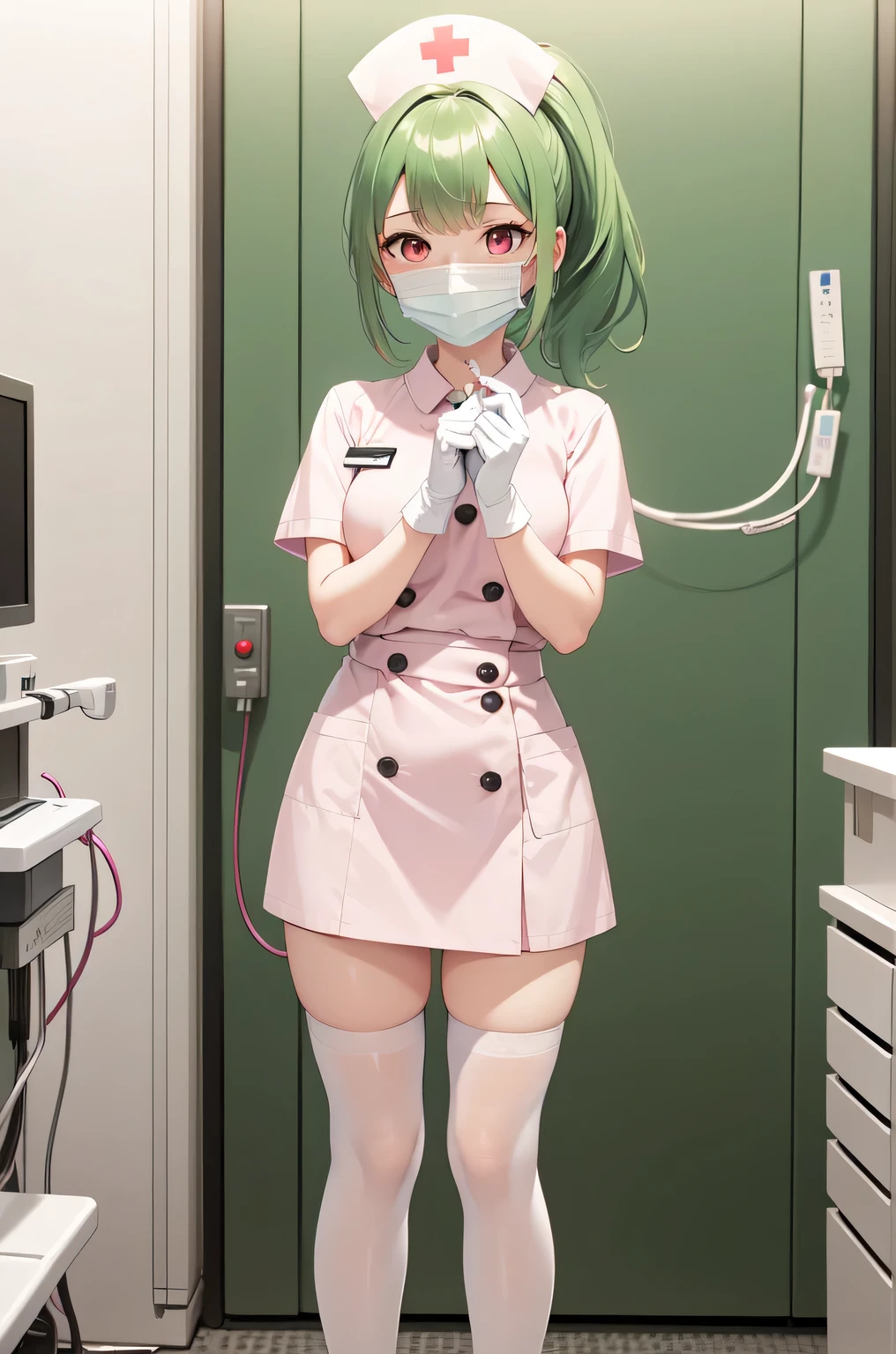 1girl, solo, nurse, nurse cap, white nurse uniform, ((white legwear, zettai ryouiki)), white gloves, ponytail, green hair, pink eyes, ((white surgical mask, covered nose)), standing, ((hospital room)), sharp outline, short sleeves, best quality, masterpiece
